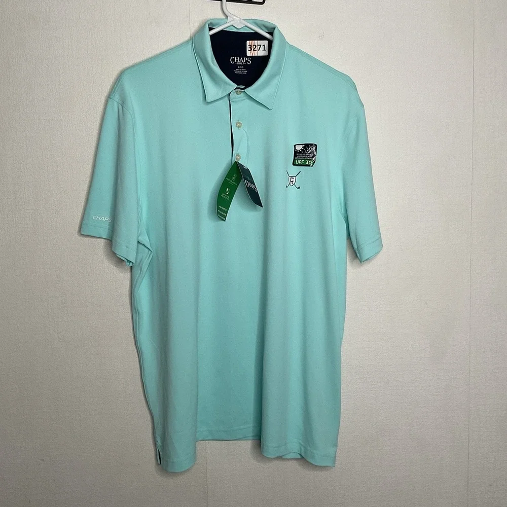 CHAPS Golf Polo Men's Size L  Aruba Blue/Light Turquoise Shorts Sleeve Shirt UPF - Picture 13 of 14